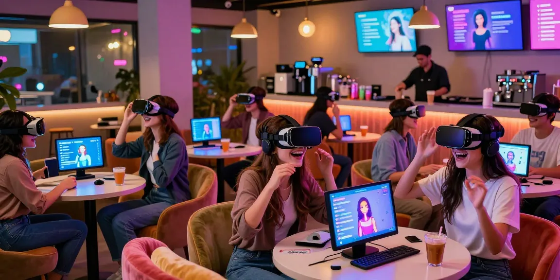Group enjoying virtual reality experience with AI GF characters at a vibrant café.