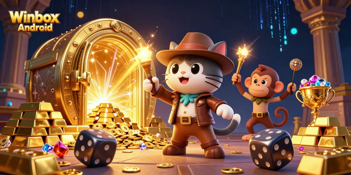 Engage with the Winbox Android app, featuring vibrant casino artifacts and treasures in a dynamic 3D scene.