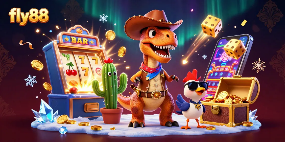 Engage in exciting gameplay at fly88 with colorful slot machines and dynamic cowboy dinosaur characters.