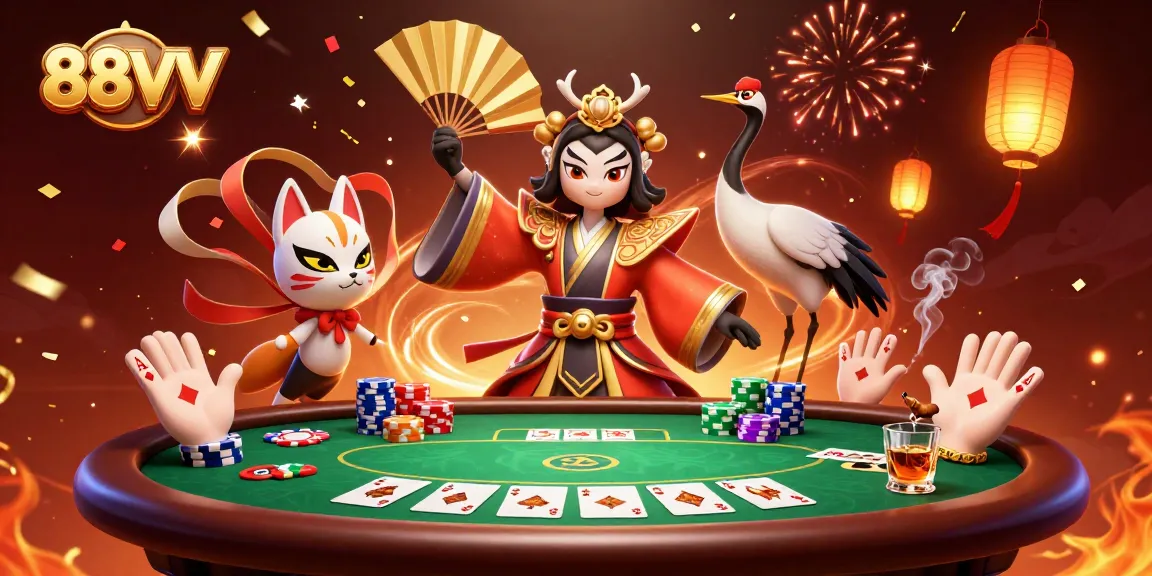Experience thrilling poker action at 88VV with vibrant characters and dynamic gaming elements in a rich casino scene.