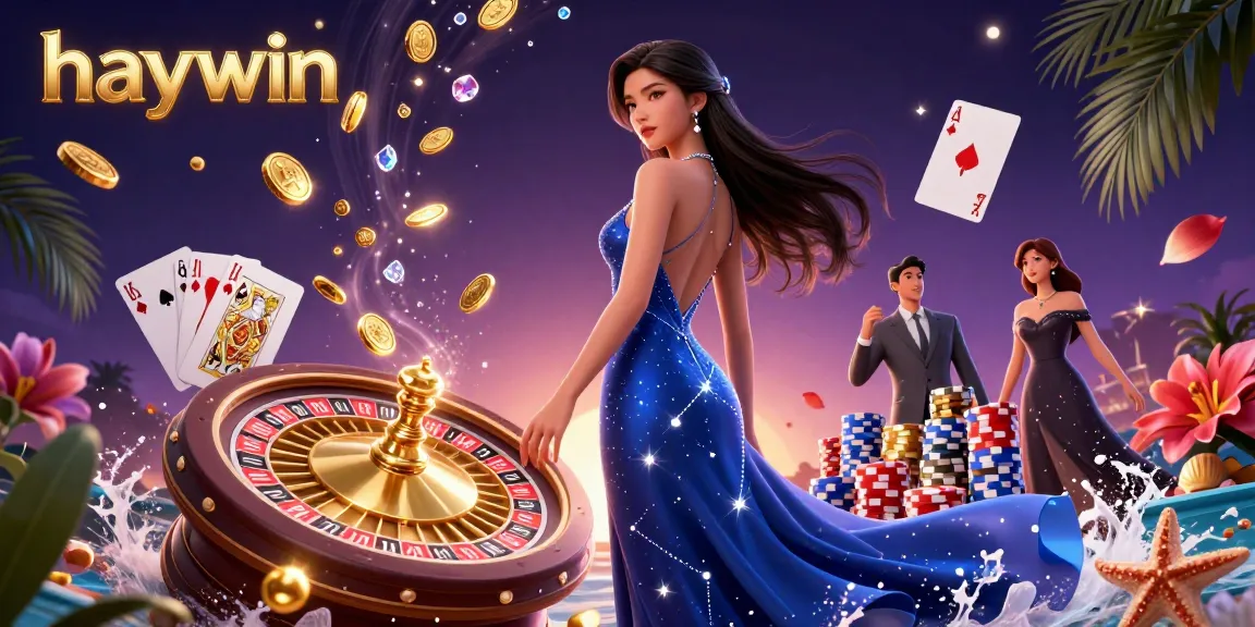 Playing thrilling casino games with haywin, featuring golden coins, a roulette wheel, and dazzling cards.