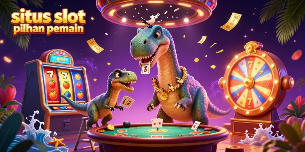 Ilustrasi 3D lucu menampilkan brontosaurus dan raptor dalam suasana kasino, situs slot pilihan pemain yang diwarnai dengan berbagai simbol permainan.