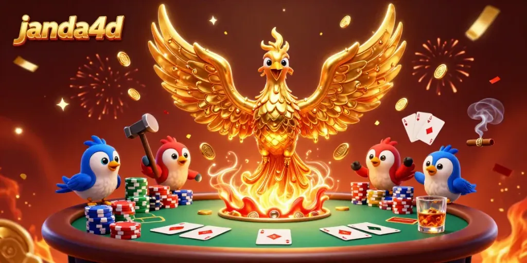 JANDA4D menampilkan faksi warna emas dengan angin yang membawa koin di atas meja poker yang penuh warna.
