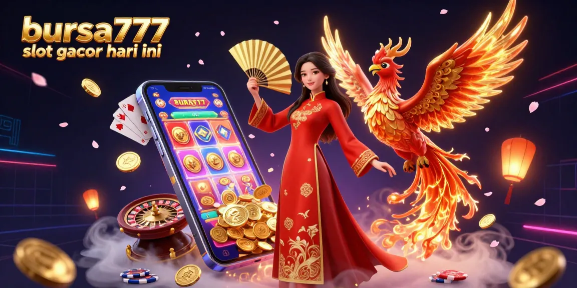 Bursa777 slot gacor hari ini with a beautiful woman in a traditional ao dai, phoenix, and vibrant casino elements.