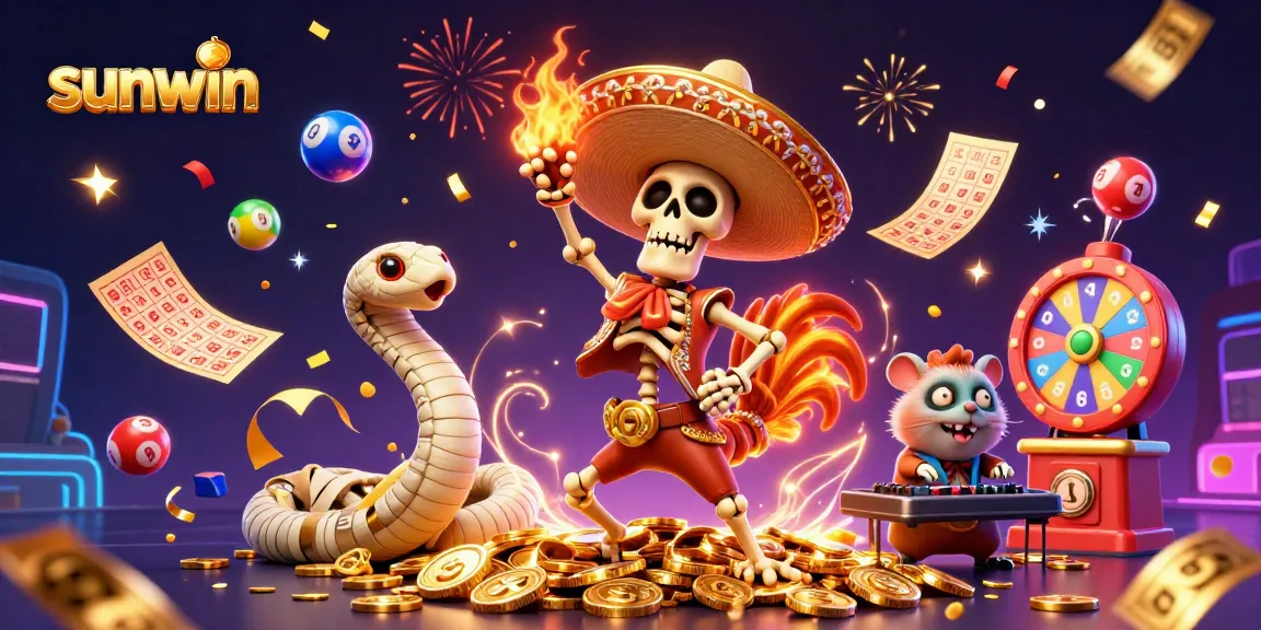 Win big with sunwin in this vibrant 3D casino illustration featuring lively characters and game elements.