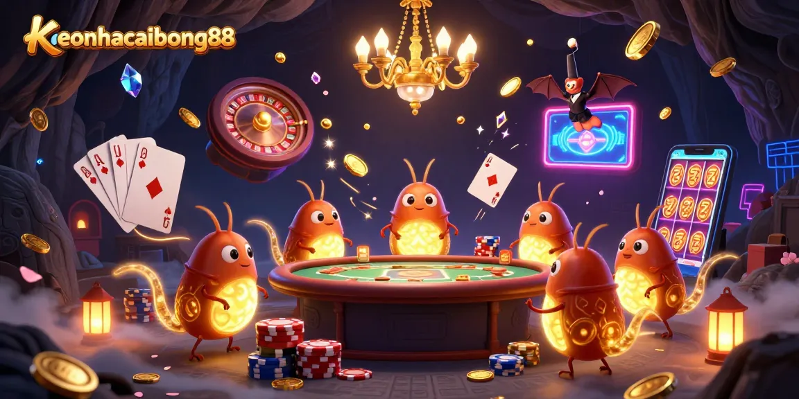 Experience keonhacaibong88 in a vibrant cave casino illuminated by glowworms and dynamic gambling elements.