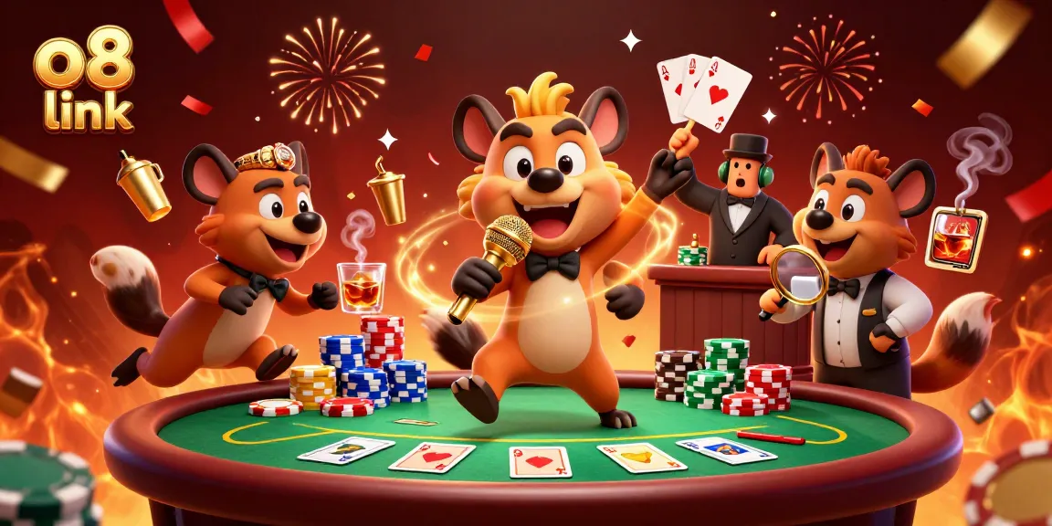 Engage with the vibrant o8 link scene featuring hyenas in a lively casino, enjoying poker and cocktails.