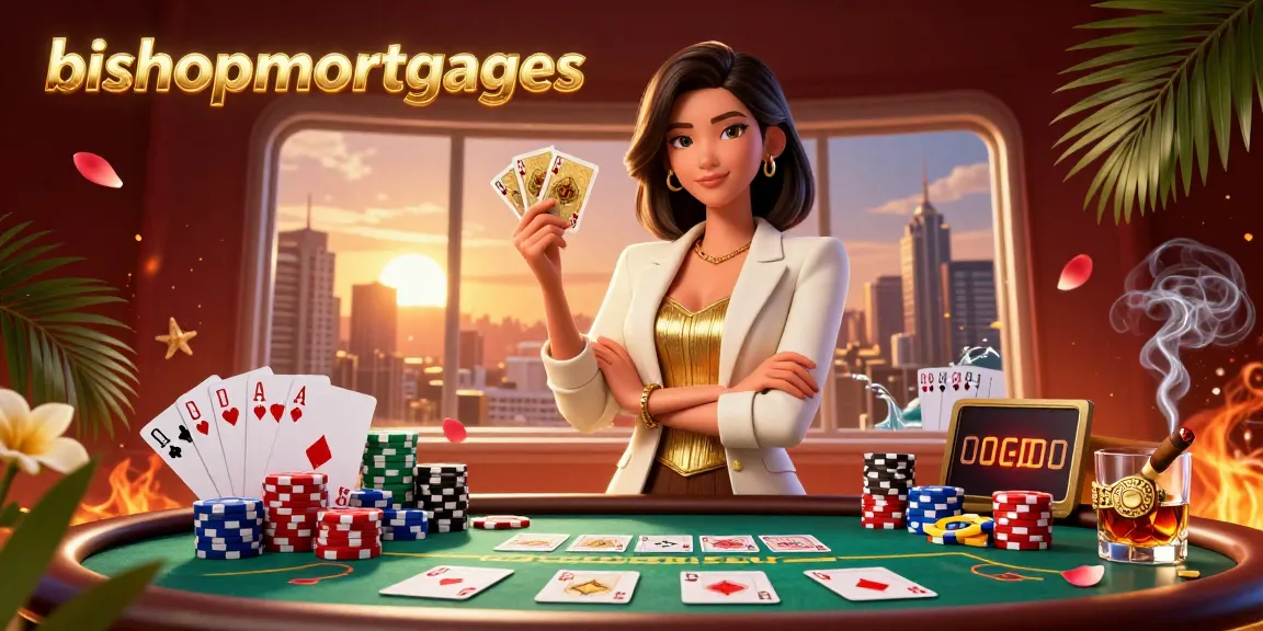 Bishopmortgages showcases a glamorous Asian woman in a casino setting, playing with golden cards and poker chips.