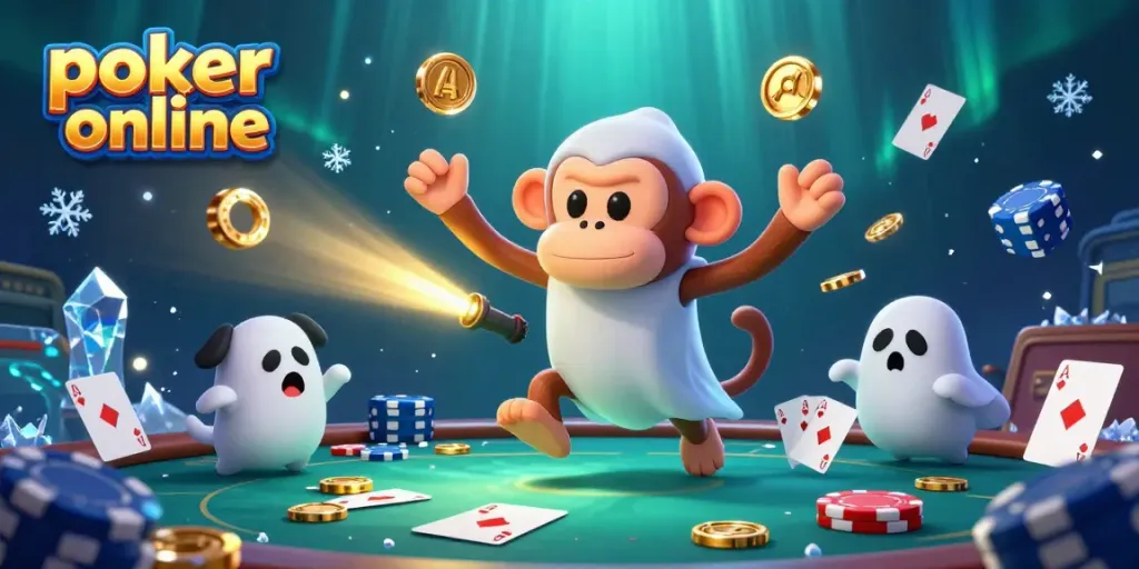 Engage in poker online with a lively 3D illustration of a poltergeist monkey and ghost-hunter puppy.