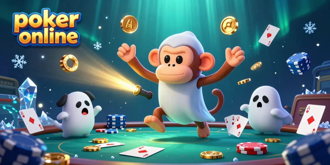 Engage in poker online with a lively 3D illustration of a poltergeist monkey and ghost-hunter puppy.