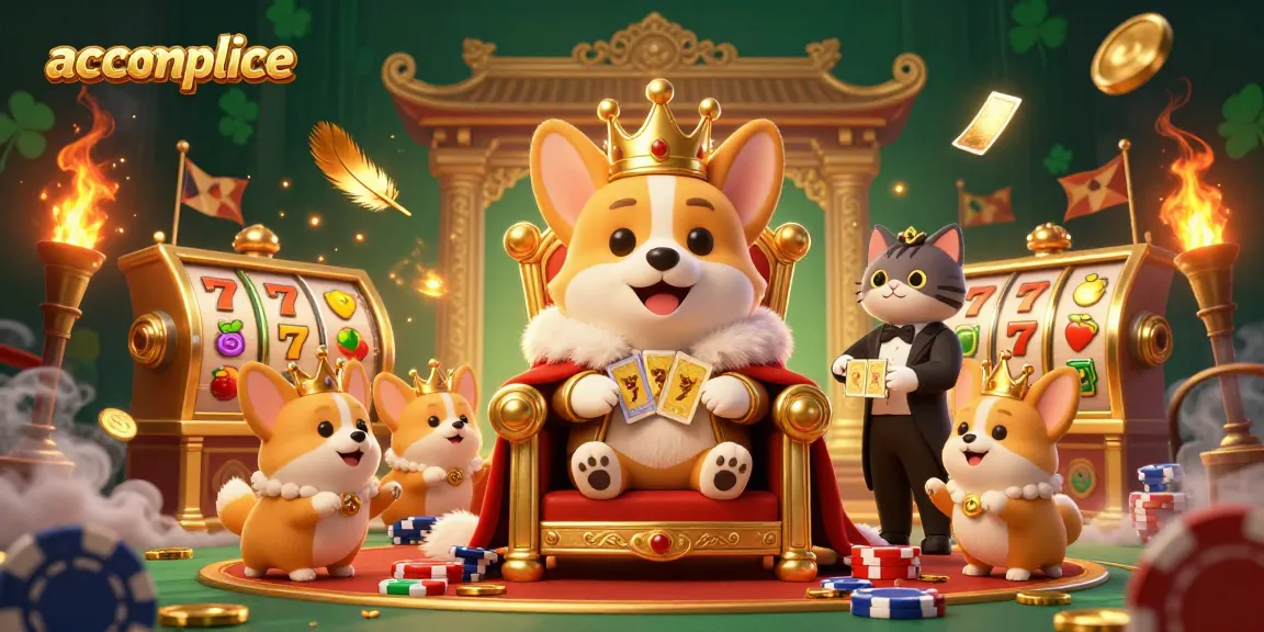 Engage in winning slots games at accomplice casino, featuring royal corgi on throne with golden slot reels.