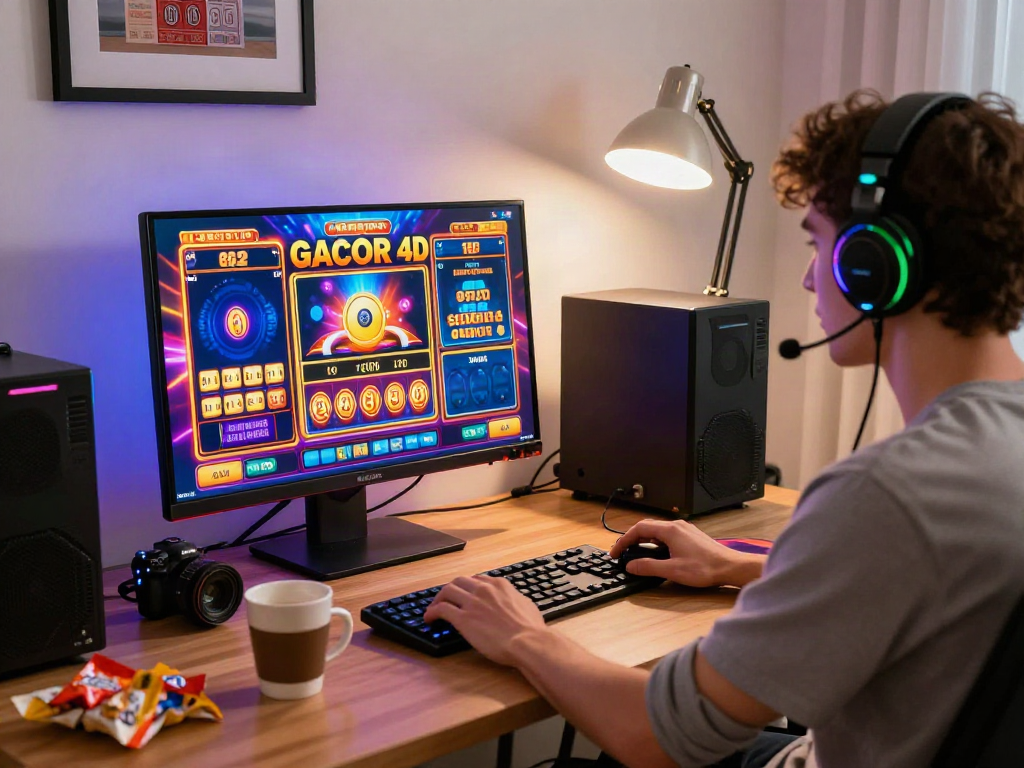 Engaging online gambling scene featuring a player enjoying slot gacor 4d on a vibrant desktop setup.