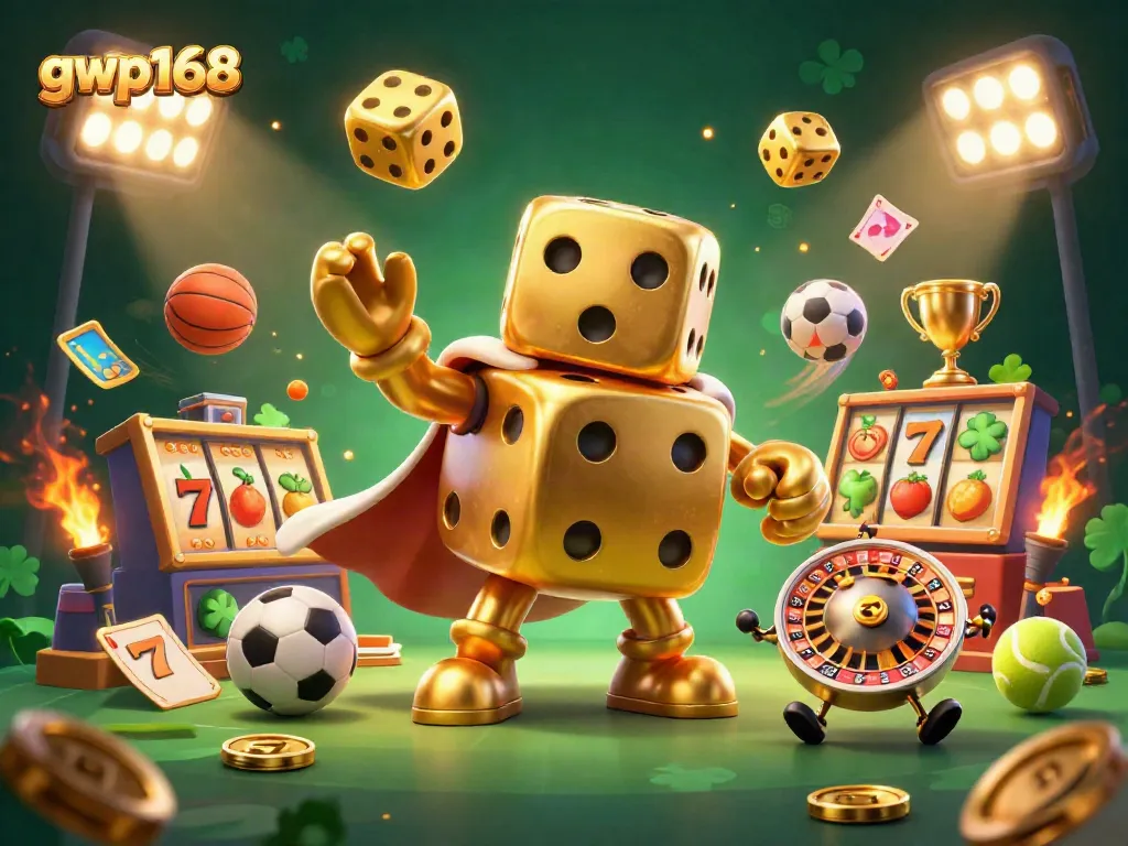 Mainkan gwp168 dengan ilustrasi kasino 3D yang menampilkan dadu emas dan simbol slot.