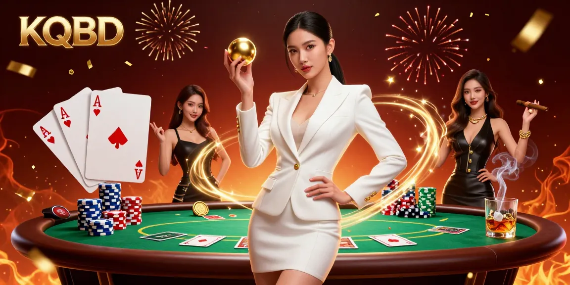 KQBD highlights an elegant Asian woman showcasing luxury casino vibes with gaming elements.