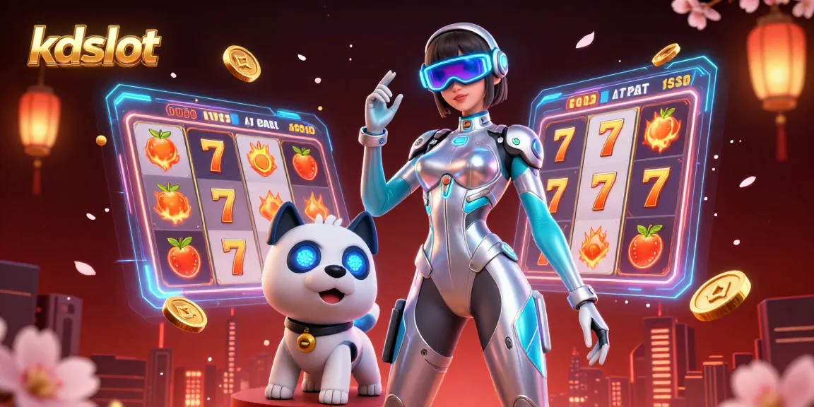 KDslot immersive gaming experience featuring a vibrant 3D woman and robot dog in a casino setting.