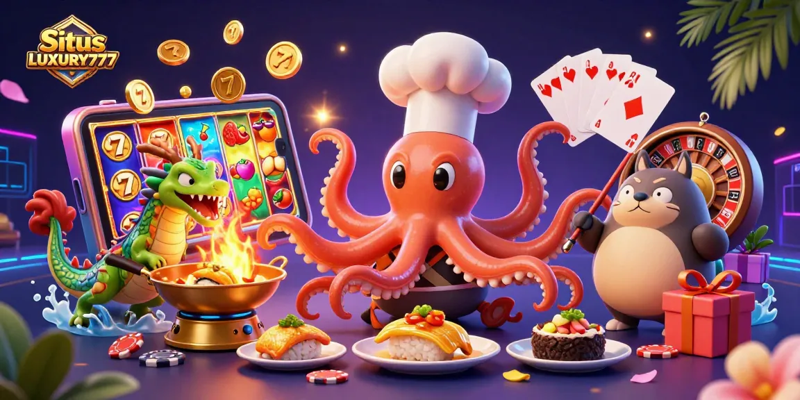 Situs LUXURY777 menampilkan ilustrasi kasino dengan koki sushi kartun dan elemen permainan judi yang kaya.