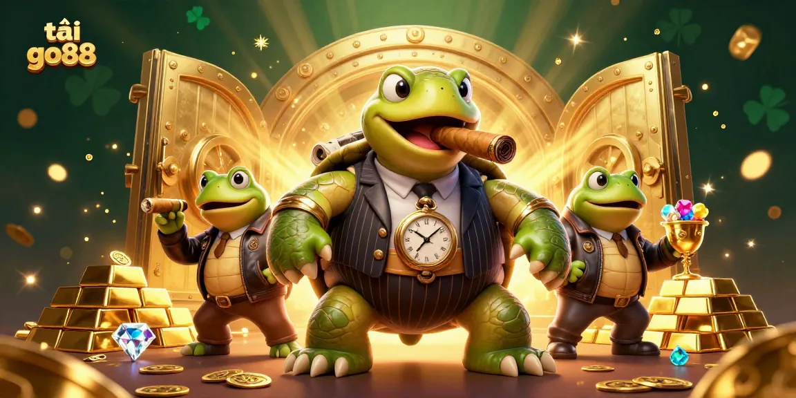 Experience tải go88 with a vibrant casino scene featuring a snapping turtle mobster and bullfrog enforcers.