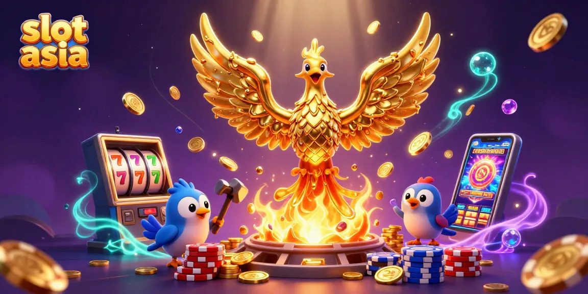 Jelajahi dunia slot asia dengan phoenix emas berdiri di tengah koin berkilauan dan mesin slot.