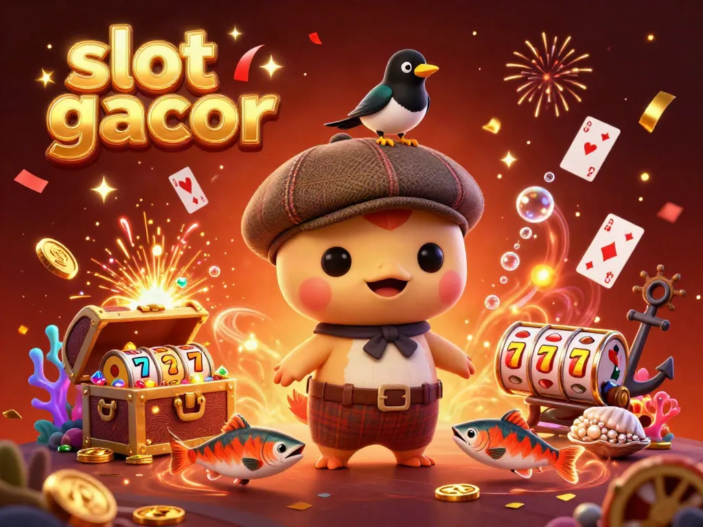 Engage with slot gacor excitement featuring Nessie, a magpie, and salmon in a vibrant casino scene.