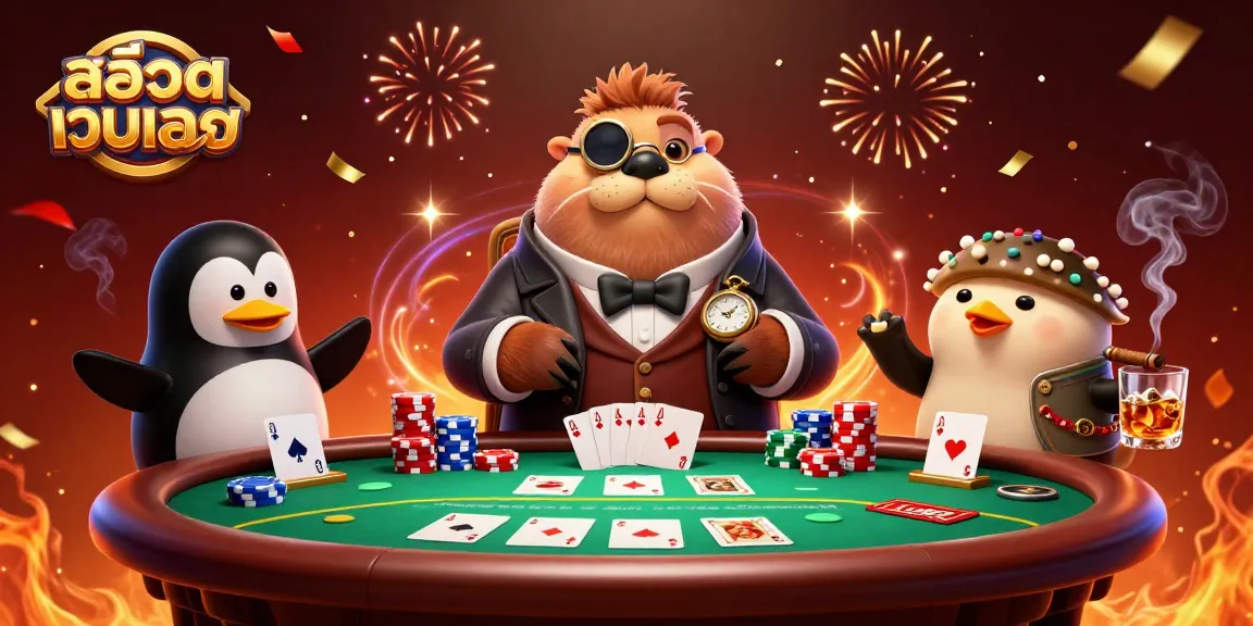 Engaging gameplay at a สล็อตเว็บตรง poker table with cheerful walrus and dealer in a dynamic underwater scene.