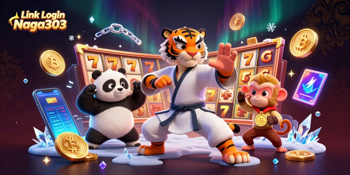 Play with the latest features at Link Login Naga303 featuring a dynamic casino scene with cartoon characters.
