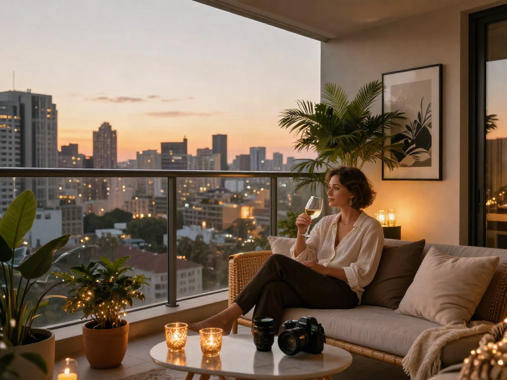 Gaya hidup mewah LUXURY 111 di balkon apartemen dengan pemandangan kota.