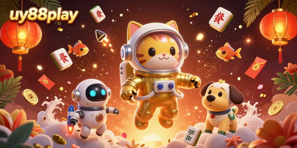 Join the fun at uy88play with a vibrant casino scene featuring an astronaut cat, robot dog, and delightful game elements.