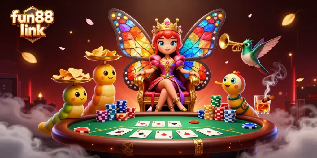 Engage with the fun88 link amidst a vibrant casino scene featuring a butterfly queen, poker elements, and festive atmosphere.