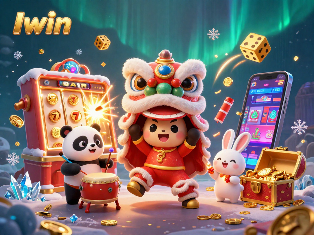 Iwin shows an engaging 3D casino scene, featuring characters celebrating a jackpot with coins and festive decor.