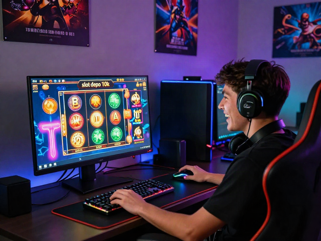 Engaging online gaming scene showcasing slot depo 10k, vibrant reels, and excited player.
