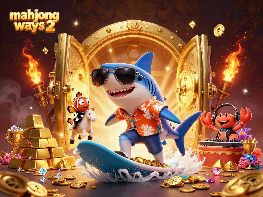 Experience the thrill of winning with mahjong ways 2 as a shark and friends celebrate beside a treasure vault.