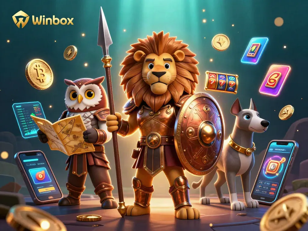 Engage with Winbox's vibrant casino world featuring a heroic lion, owl strategist, and swift greyhound in rich detail.