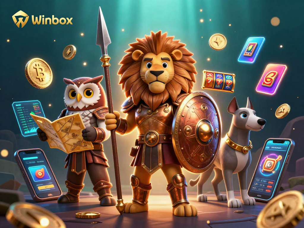 Engage with Winbox's vibrant casino world featuring a heroic lion, owl strategist, and swift greyhound in rich detail.
