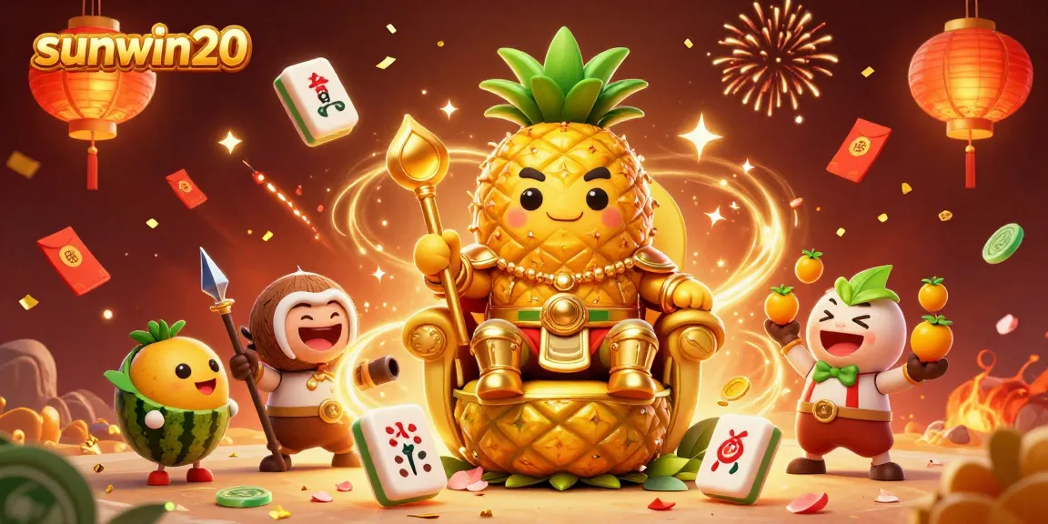 Engage with sunwin20's vibrant gaming scene, featuring a golden pineapple king reigning over a tropical casino atmosphere.