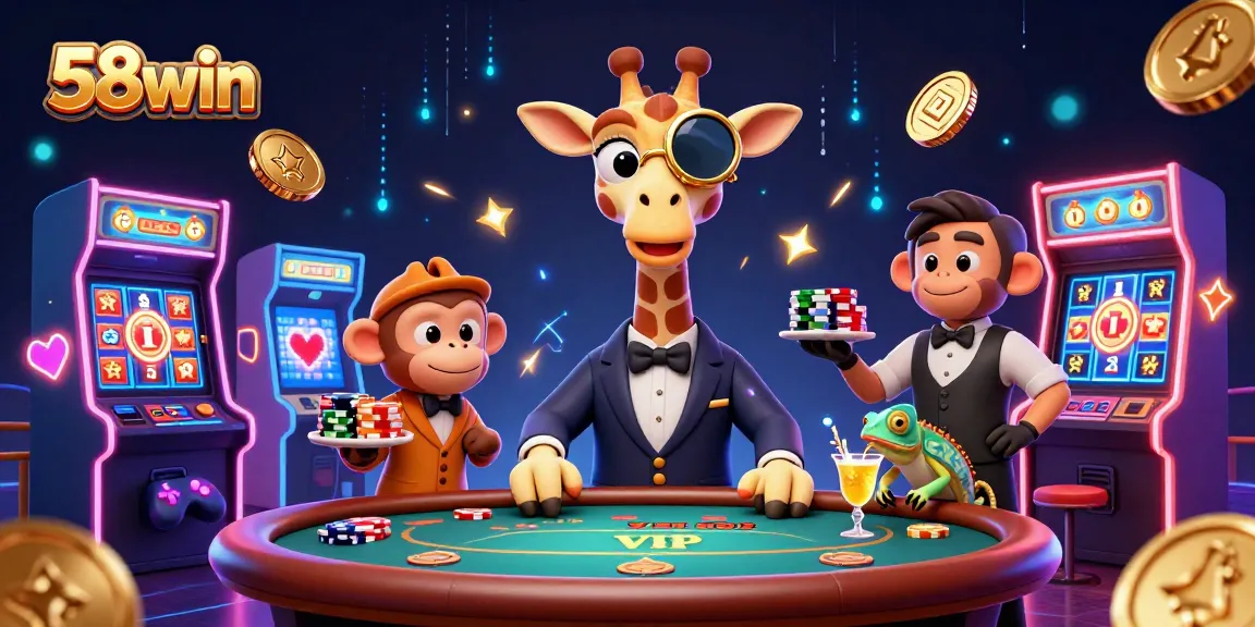 Join the excitement at 58win with a high-roller giraffe and vibrant casino elements!