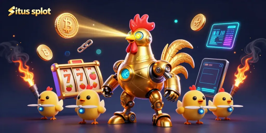 Gamer sedang memutar situs slot dengan jackpot yang bersinar dan simbol buah, menciptakan suasana menarik.