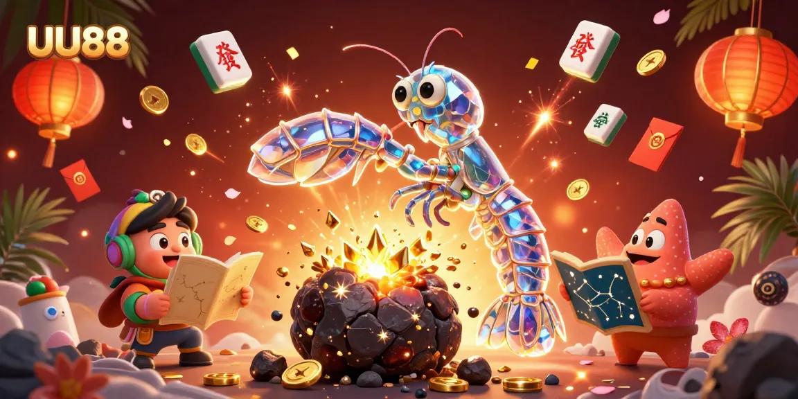 Engage with UU88, featuring an epic scene of a galactic mantis shrimp amidst exploding gems and coins.