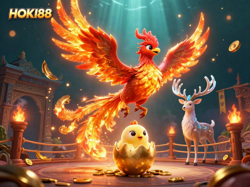Experience thrilling moments with HOKI88 as the phoenix soars and gold coins drop in this dynamic casino illustration.