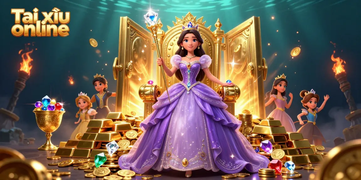 Play Tài xỉu online with a beautiful Asian princess in a royal setting, surrounded by gold treasures and sparkling jewels.