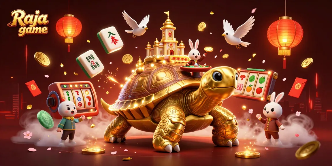 Experience thrilling gameplay at Raja game with a vibrant casino scene featuring a golden tortoise and flying coins.