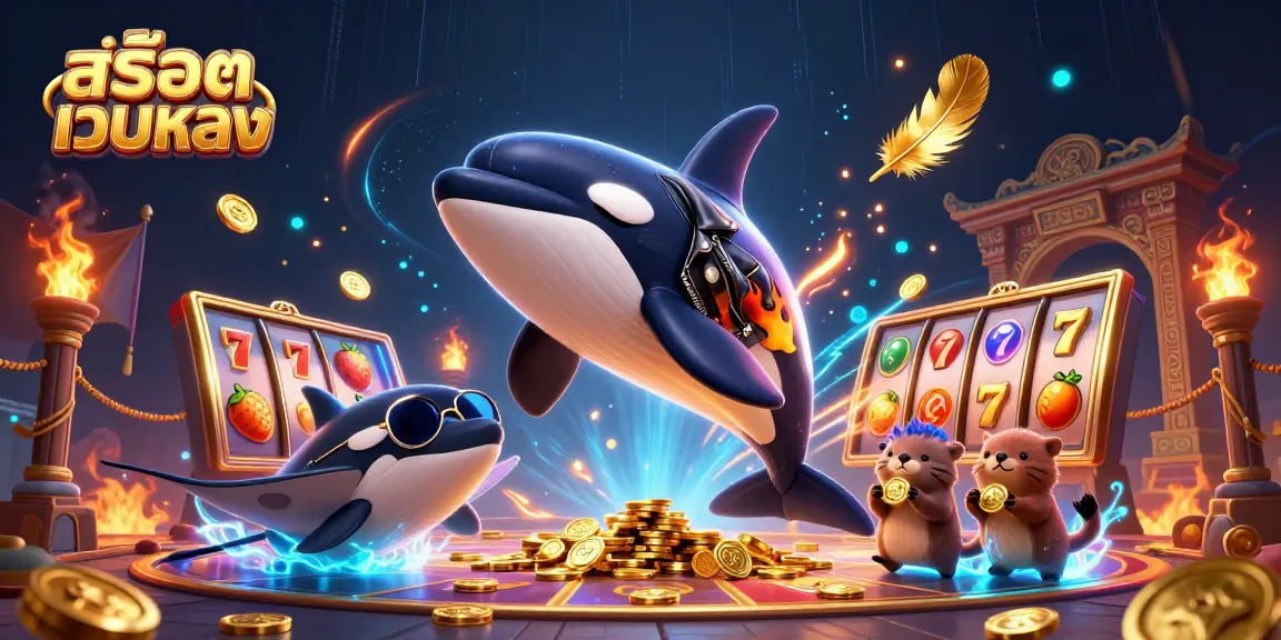Engage in สล็อตเว็บตรง action with an orca, stingray, and otters amidst slot machines and golden coins.
