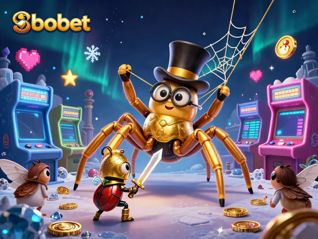 Engage in sbobet sports betting with thrilling visuals of a golden tarantula and brave beetle knight.