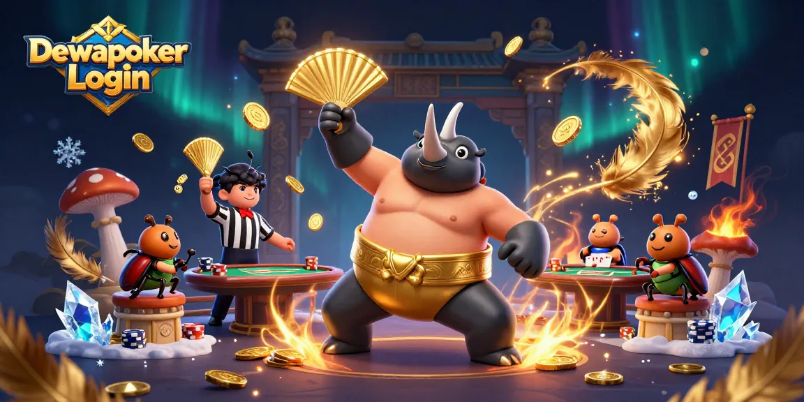 Dewapoker Login to an exciting poker match featuring a rhinoceros beetle champion and festive casino elements.