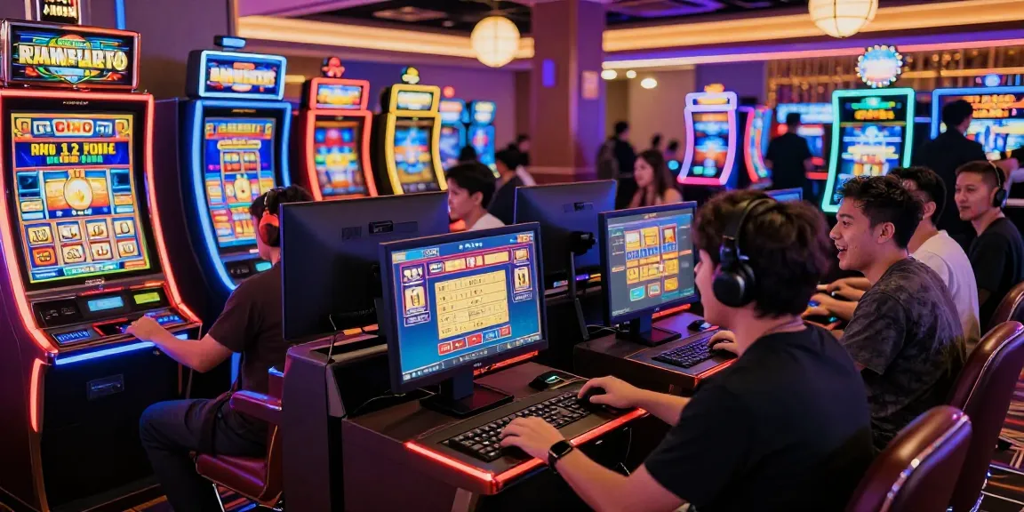 Players enjoying slot games at ngamenjitu's online casino, vibrant atmosphere with excitement.