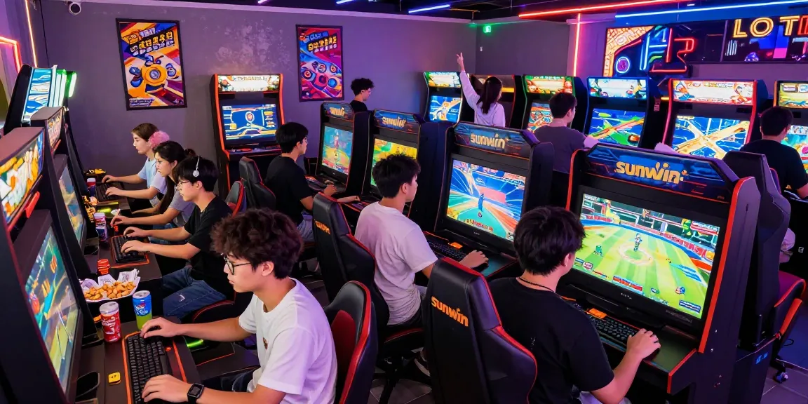 Exciting gaming atmosphere with friends enjoying sunwin card games in an energetic arcade setting.