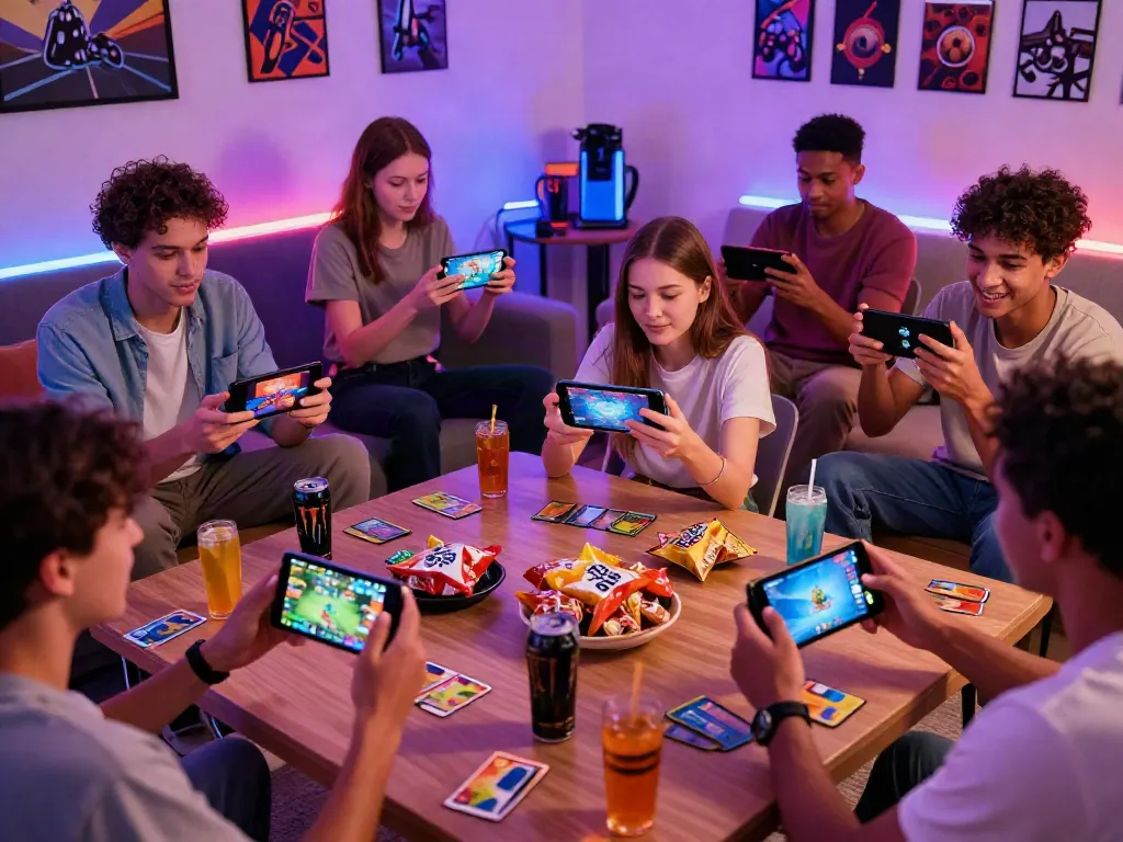 Engaged players enjoying yono games on mobile devices in a vibrant living room.