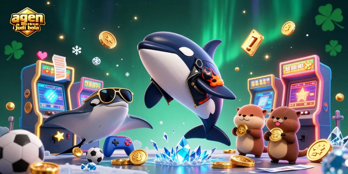 Bettors engage with an exciting agen situs judi bola scene featuring an orca, stingray, and sea otters amidst sports elements.
