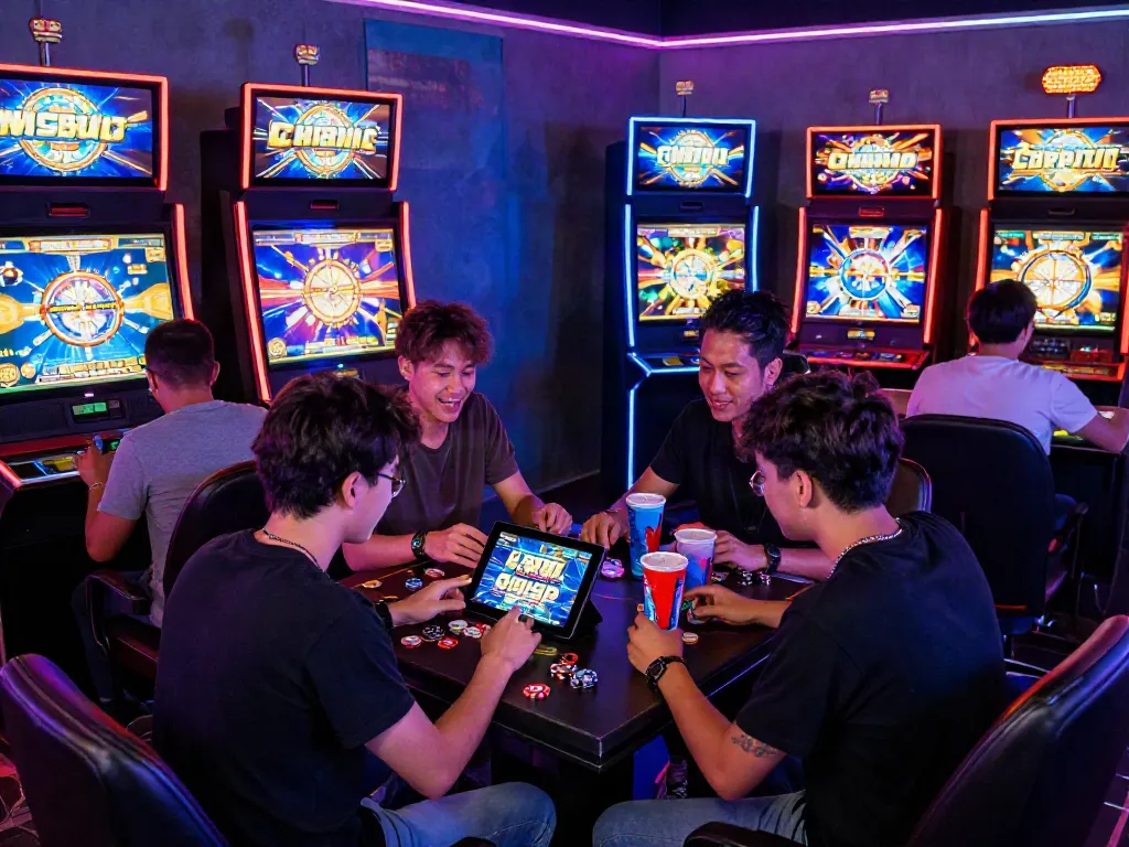 Friends enjoying ทดลองสล็อต in a vibrant arcade setting with slots and gaming excitement.