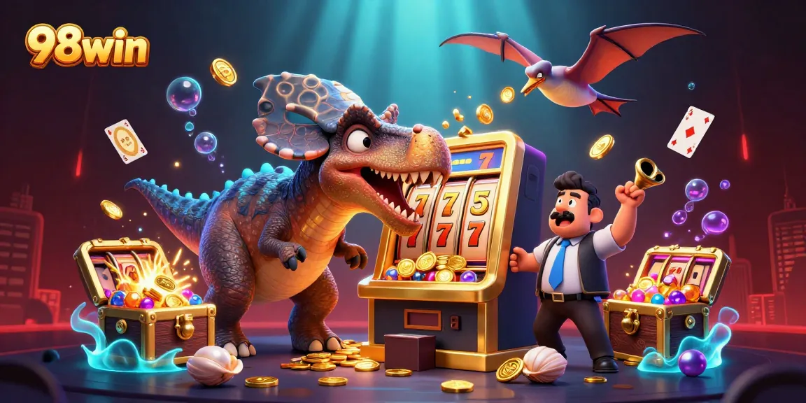 Experience the excitement of 98win with a dinosaur jackpot scene packed with casino elements.