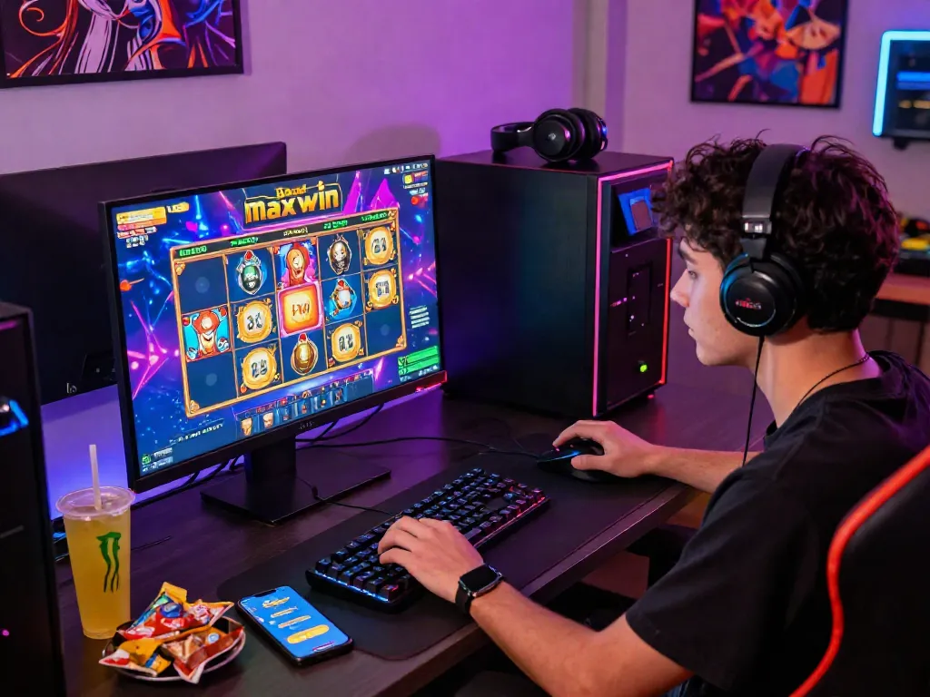 Exciting online gaming experience with slot gacor maxwin on a colorful desktop setup, capturing the thrill of digital slot gaming.